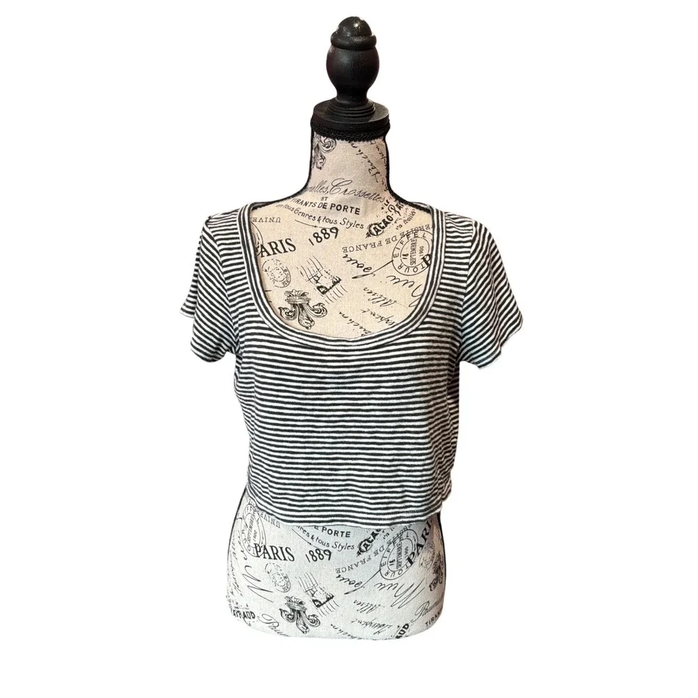 Madewell Womens Black White Striped Scoop Neck Short Sleeve Crop Top Size‎ M